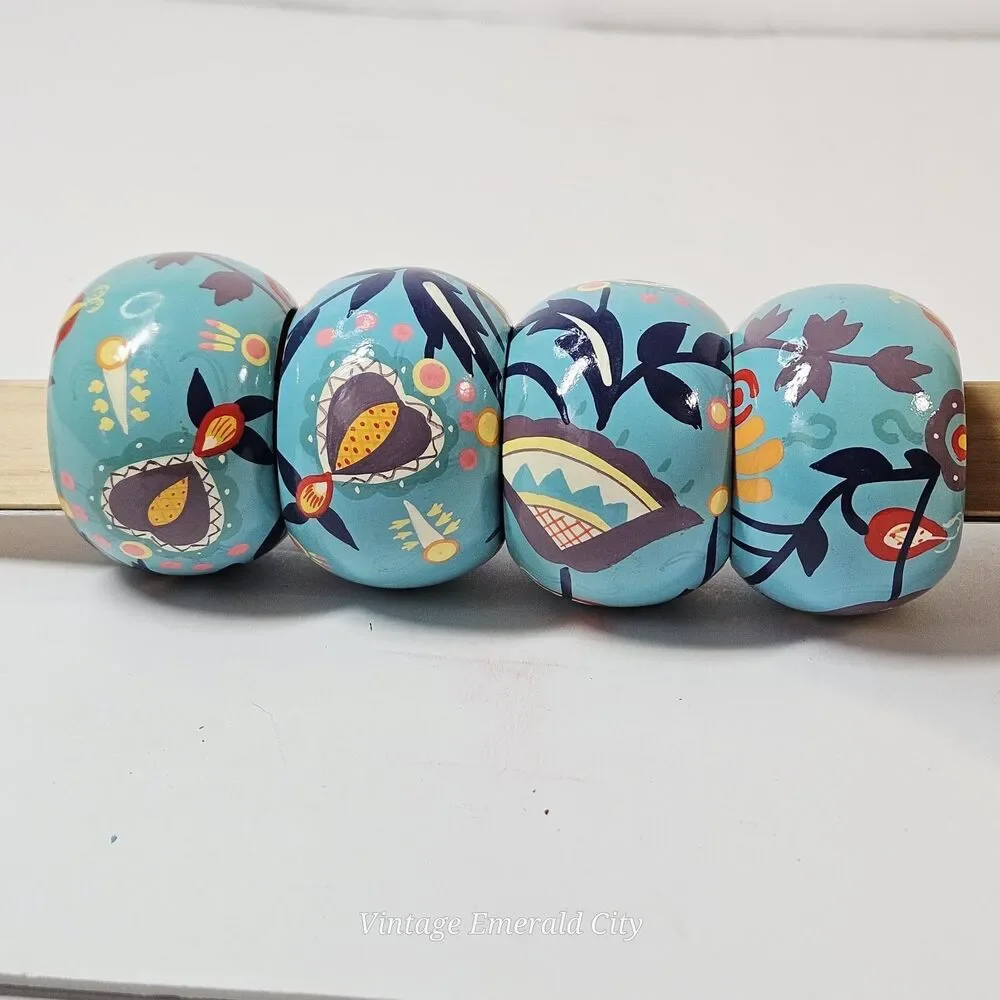 Vtg Set of 4 Wooden Hand Painted Bohemian blue/teal Floral Napkin Rings Spring